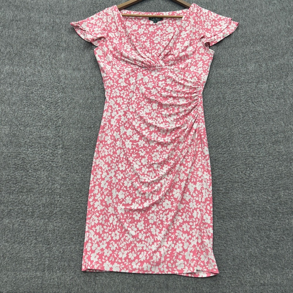 Lauren Ralph Lauren Dress Jersey Flutter Sleeve 10 Stretch Pink White Coquette